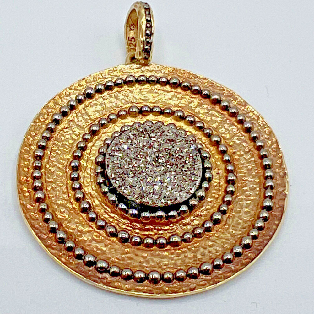 Estate V Sterling Silver 925 & Druzy Drusy Gold Tone Circle Disc Round Pendant